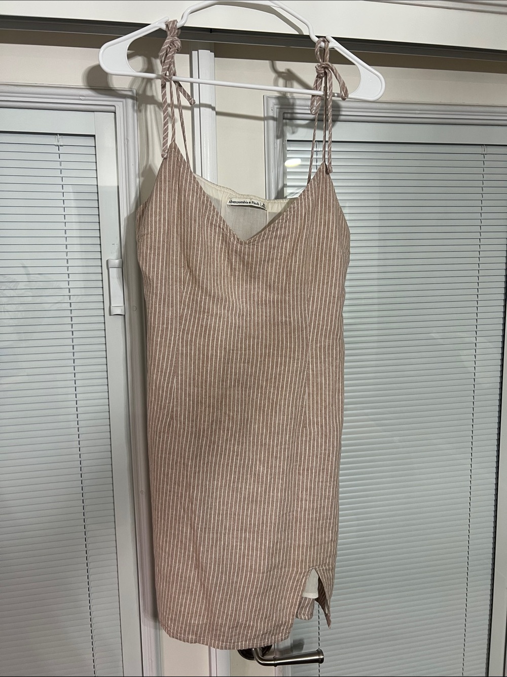 Abercrombie & Fitch Tie-Shoulder Striped Slip Dress in Taupe
